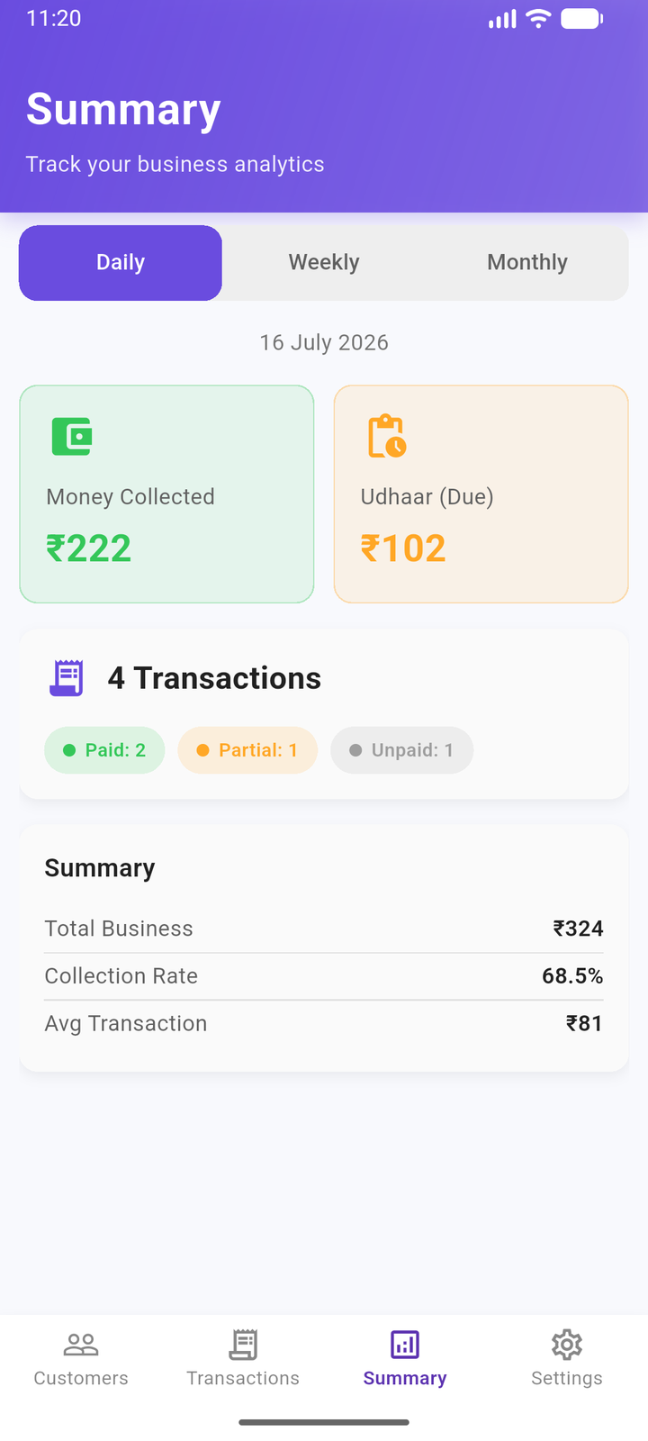 ChakkiBook summary screen showing money collected, udhaar due and collection rate