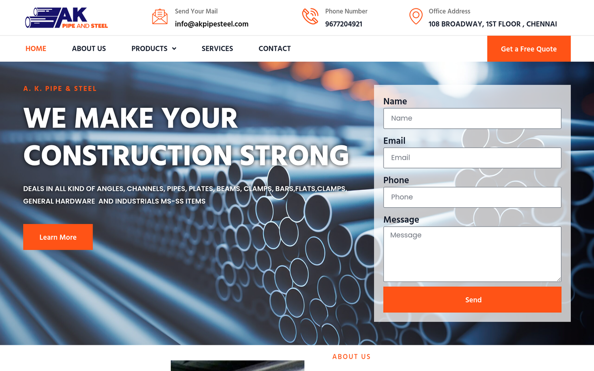 A. K. Pipe and Steel B2B manufacturing website by OET
